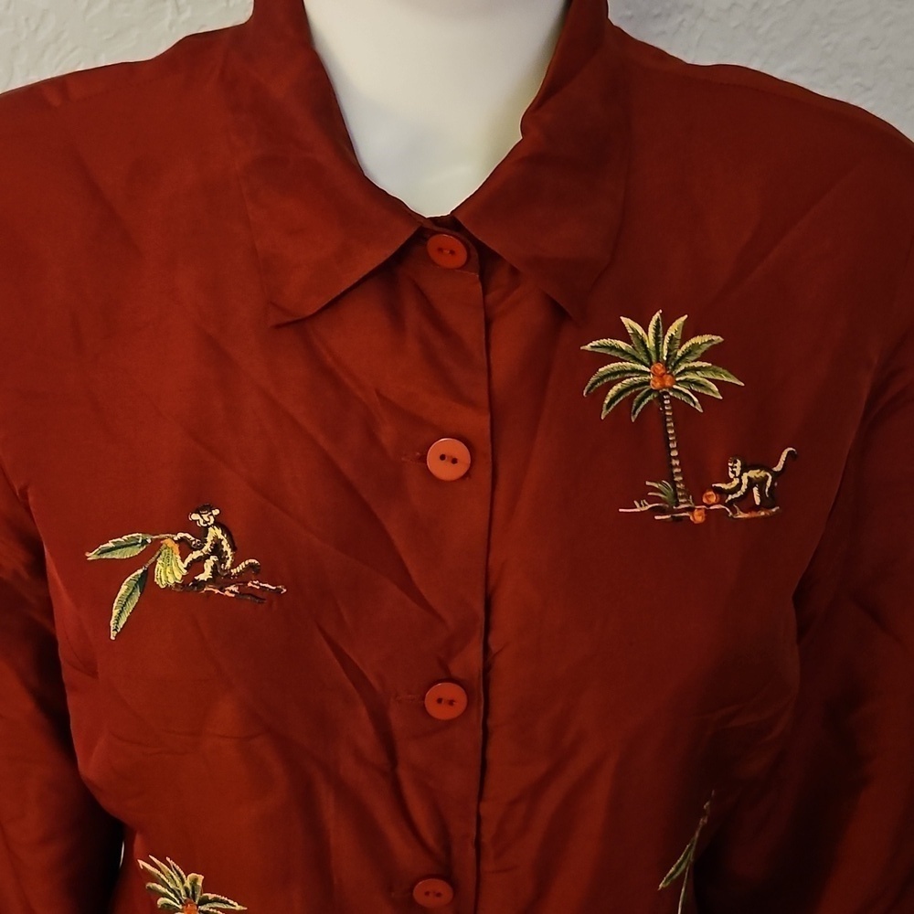 Vintage SILKLAND Maroon Palm Tree Monkey Embroidered Button Down Shacket - Picture 4 of 9
